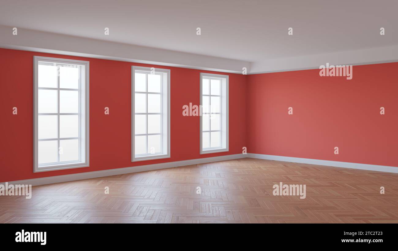 Intérieur vide de la salle avec murs en stuc rouge clair, trois grandes fenêtres, parquet brillant à chevrons et un socle blanc. Concept de l'intérieur non meublé. Rendu 3D, Ultra HD 8K. Banque D'Images