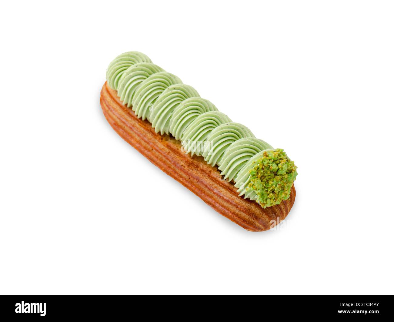 Délicieux Pistache Eclair sur fond blanc isolé, Eclair avec crème pistache et remplissage Banque D'Images