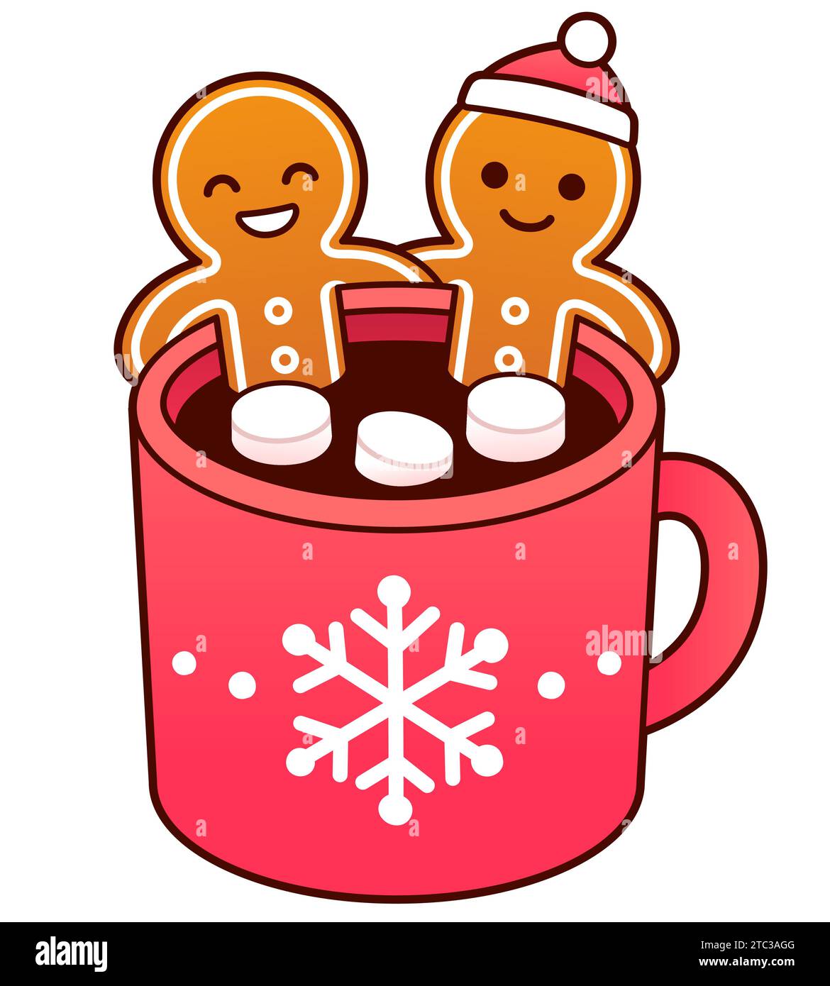 Deux biscuits homme en pain d'épice dans une tasse de chocolat chaud avec des guimauves. Carte de voeux drôle de Noël. Illustration vectorielle de dessin animé mignon. Illustration de Vecteur