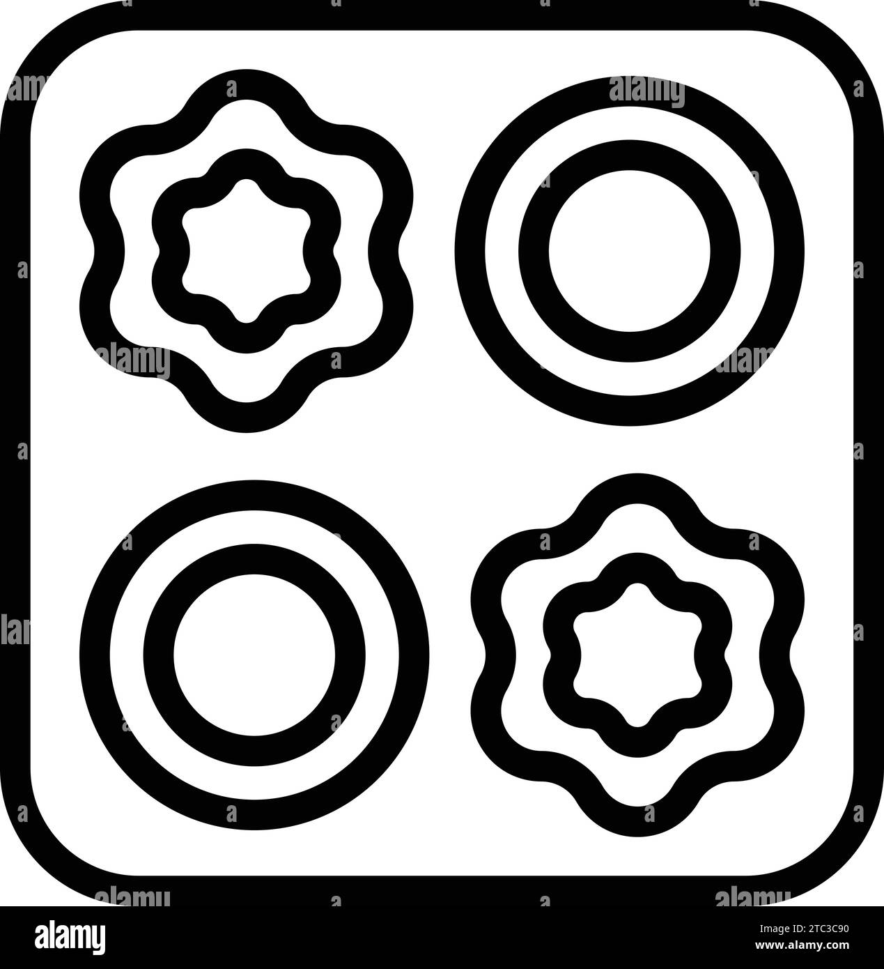 Vecteur de contour d'icône de plateau de batterie de cuisine métallique. Moule pour la cuisson de cupcakes. Outil de boulangerie pouvant passer au four Illustration de Vecteur