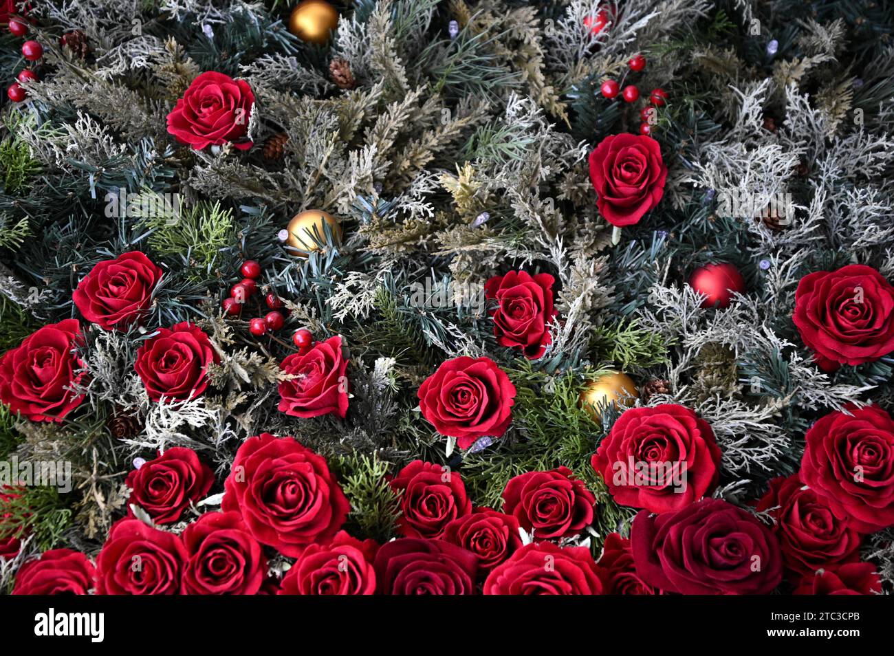 Sapin de Noël décoré de roses rouges satinées artificielles et de lumières festives à Ginza, Chūō Tokyo, Japon. Banque D'Images