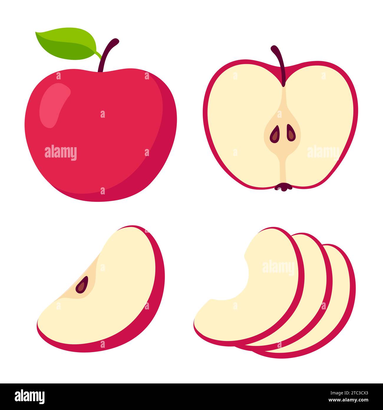 Set de dessin animé pomme rouge. Coupe transversale de pomme coupée, tranches et fruits entiers, illustration vectorielle isolée. Illustration de Vecteur