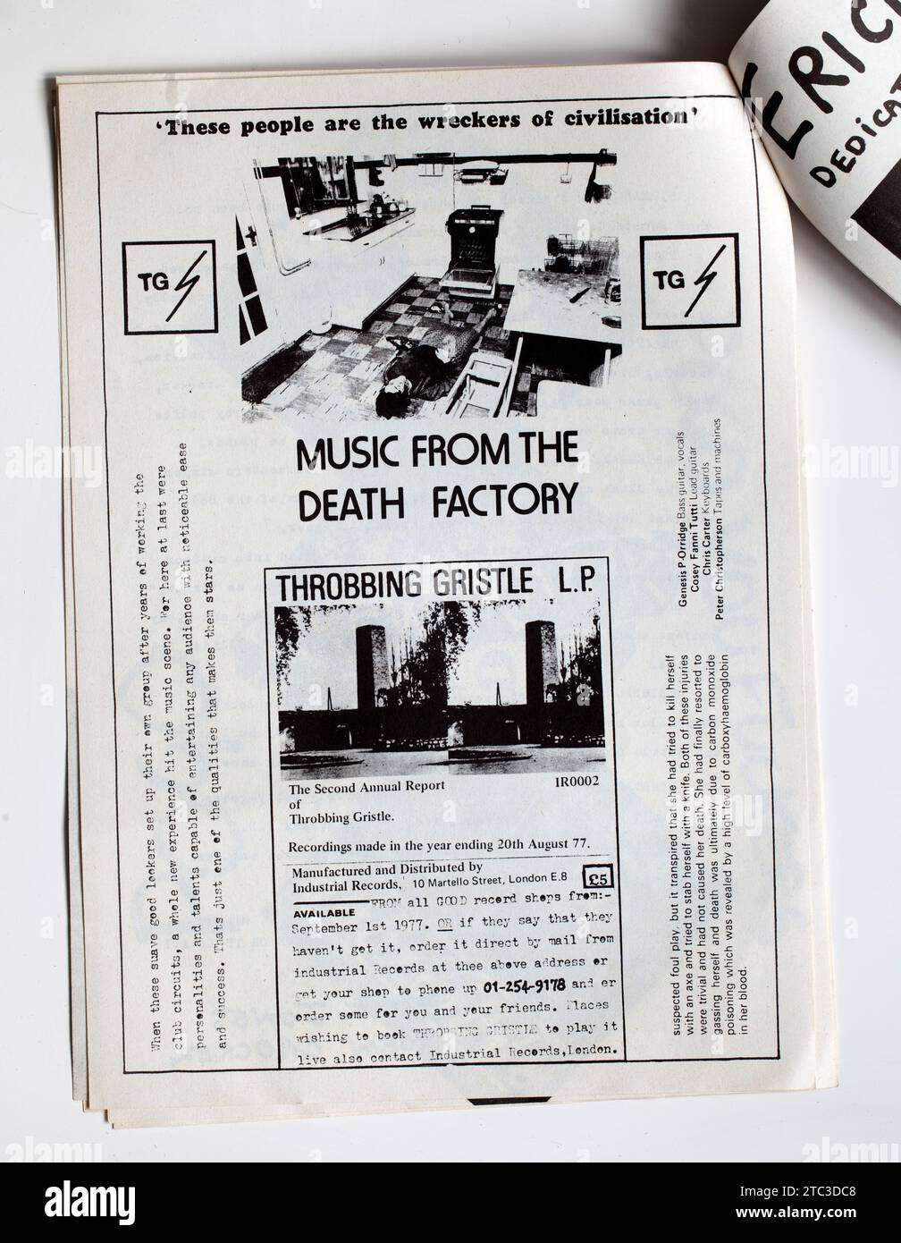 Publicité pour Music from the Death Factory par Throbbing Gristle dans les années 1970 SNIFFINn' GLULE Punk Rock Fanzine Magazine Banque D'Images