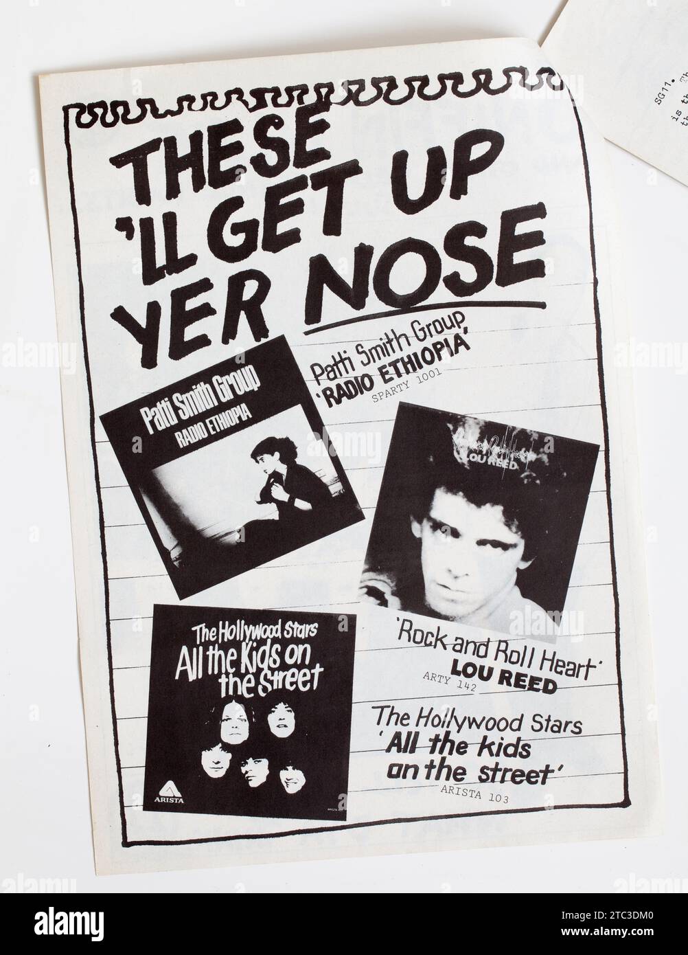 Publicité pour Patti Smith Lou Reed et les Hollywood Stars dans les années 1970 Sniffin Glue Punk Rock Fanzine Magazine Banque D'Images