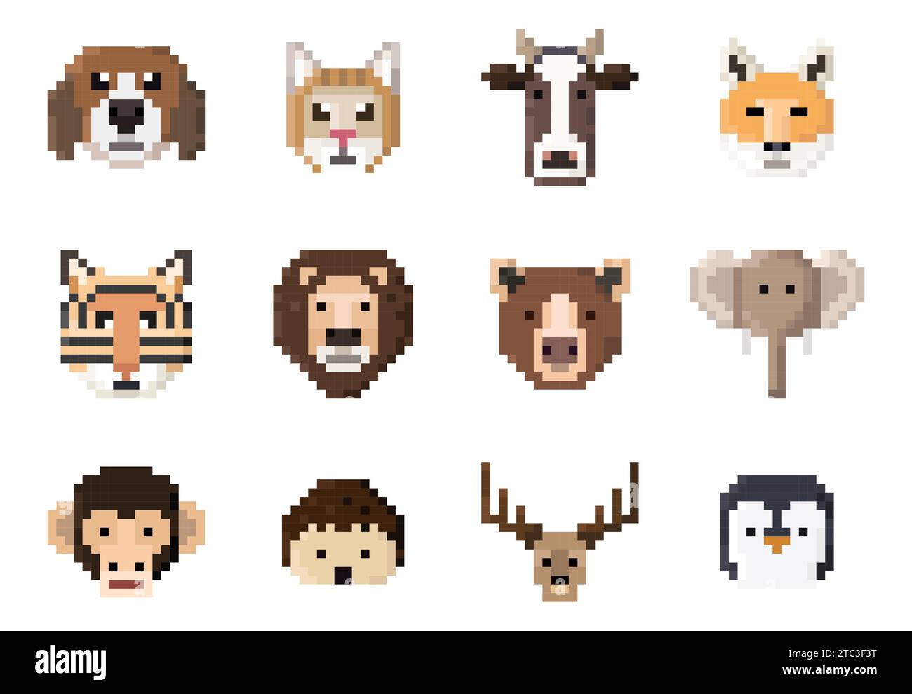 visages d'animaux dans l'ensemble de vecteurs de style pixel art. Illustration de Vecteur