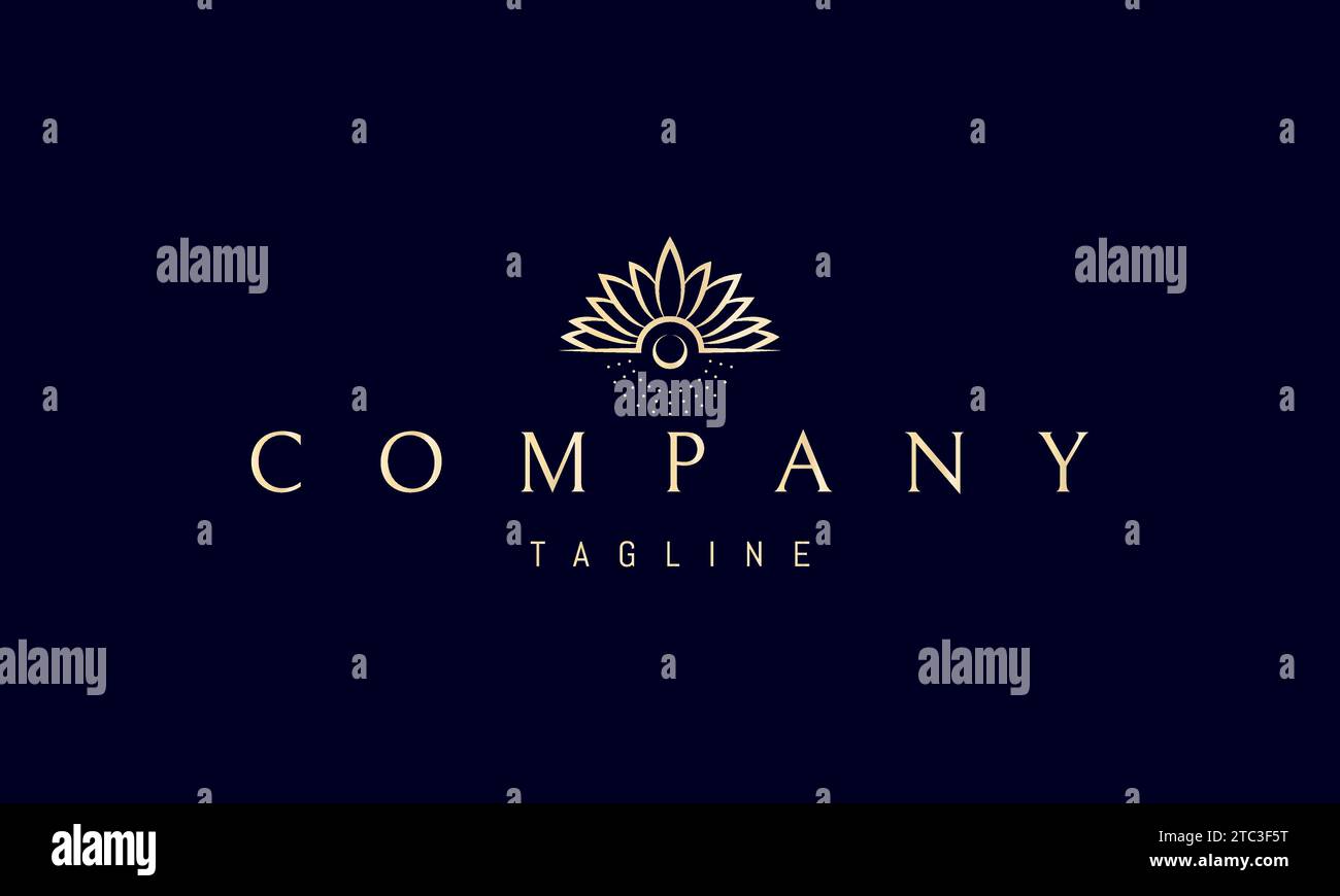 Un logo vectoriel doré avec une image abstraite de pétales sous forme de rayons du soleil et une lune à la base. Illustration de Vecteur