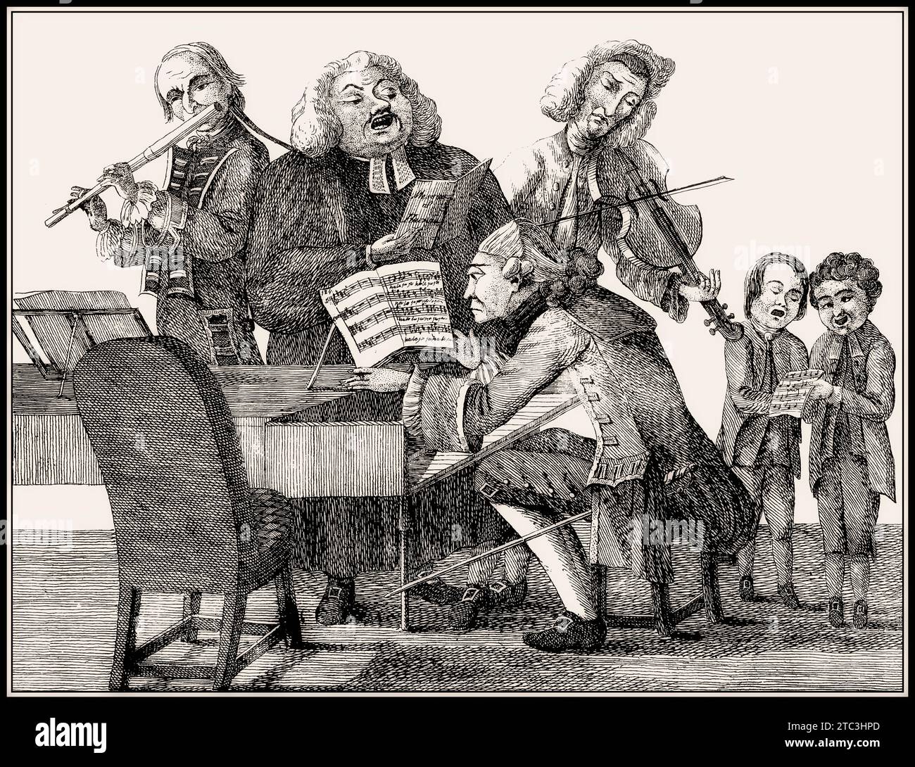 Groupe musical avec Händel, Bach, Tartini, Gluck, Quanz, Jomelli, caricature du 18e siècle Banque D'Images