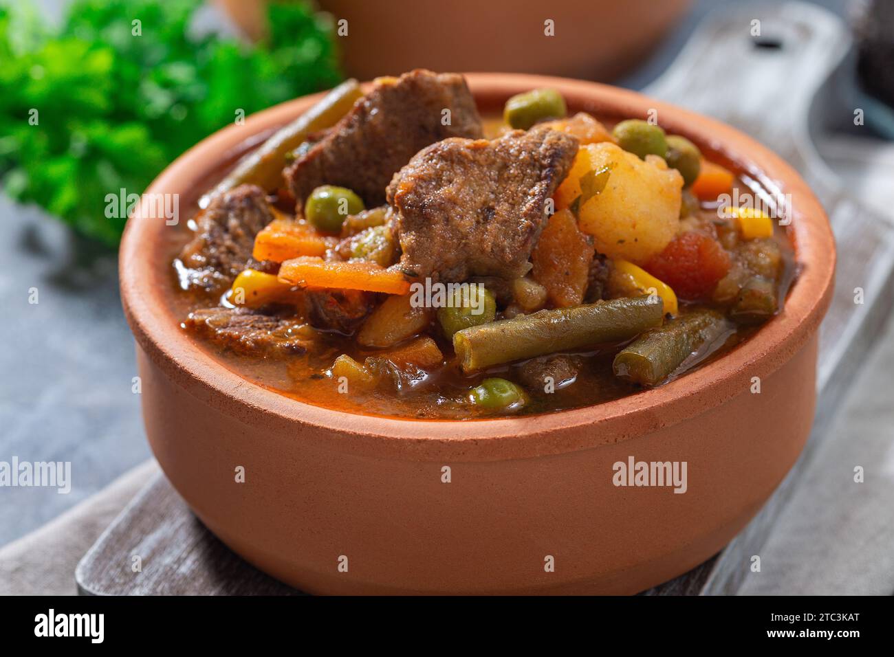 Ragoût de bœuf avec pommes de terre, haricots verts, carottes, céleri, pois et maïs, dans un bol en céramique, horizontal, gros plan Banque D'Images