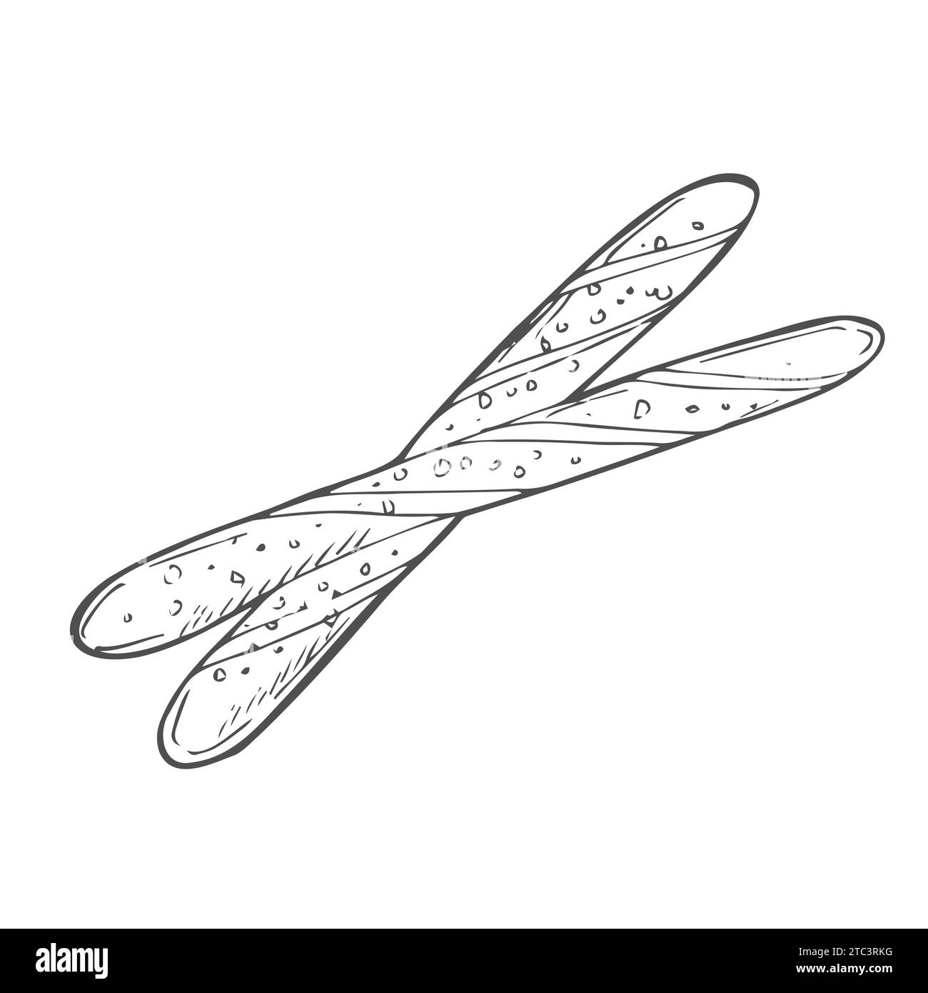 Pain italien grissini. Illustration vectorielle de contour dans le style doodle pour le menu de café et de boulangerie ou logo, étiquette et emballage de pain. Bâtonnets croustillants couverts Illustration de Vecteur