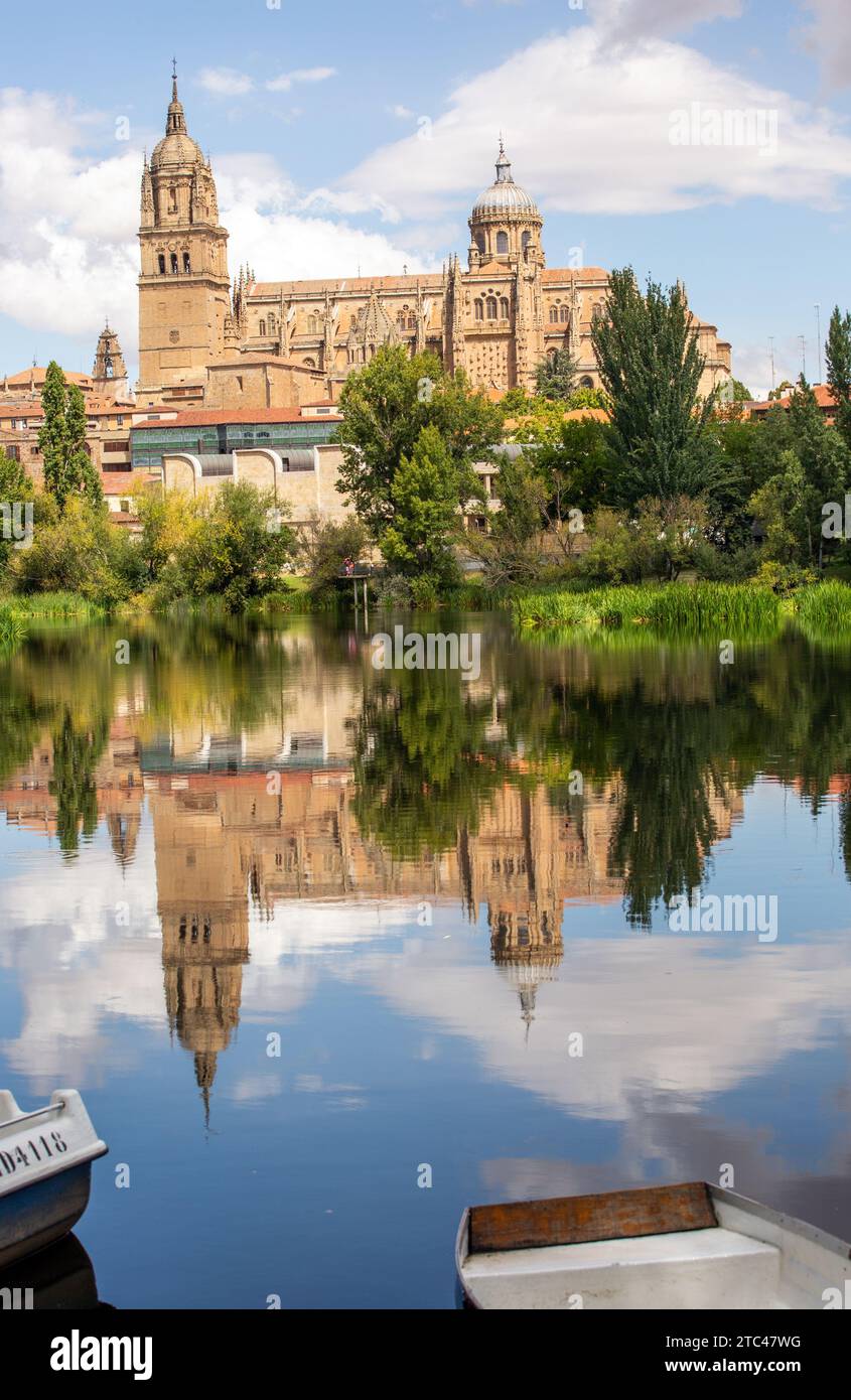 Vue sur la rivière Tormes de la nouvelle cathédrale de Salamanque de l'Assomption de la Vierge Marie dans la ville espagnole de Salamanque Castille Léon Espagne Banque D'Images