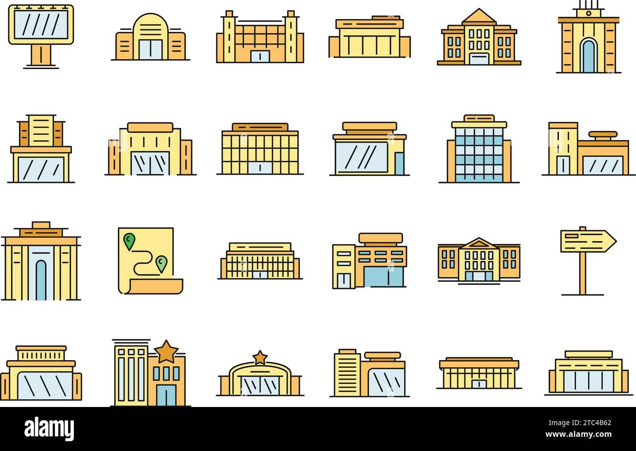 Jeux d'icônes du centre d'exposition. Contour ensemble d'icônes vectorielles de centre d'exposition couleur de ligne mince plat sur blanc Illustration de Vecteur