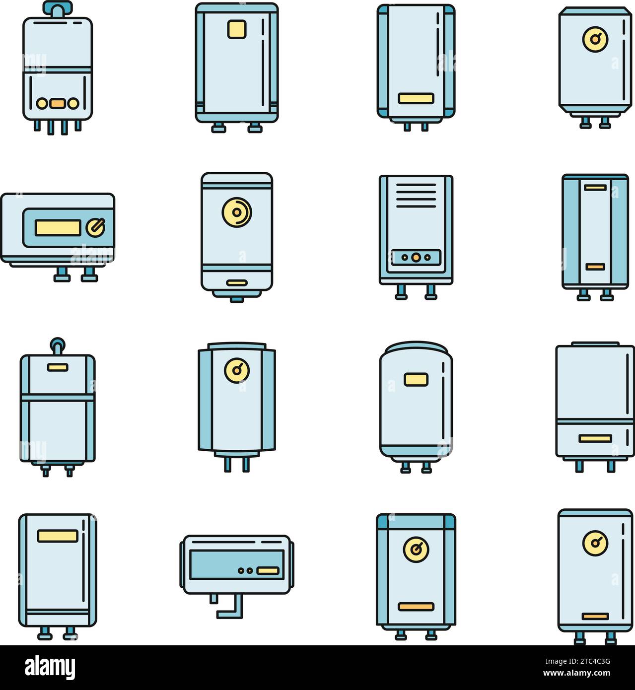 Icônes de chaudière définies. Contour ensemble d'icônes vectorielles de chaudière à eau couleur fine de ligne plate sur blanc Illustration de Vecteur