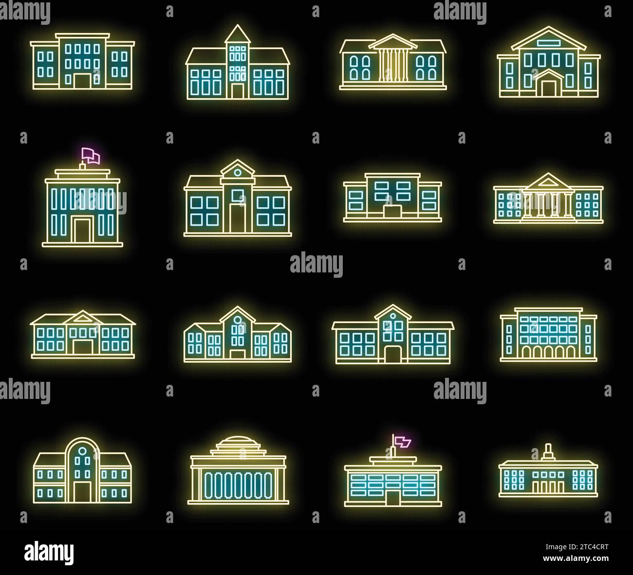 Icônes campus universitaires définies. Contour ensemble d'icônes vectorielles de campus universitaire couleur néon sur noir Illustration de Vecteur