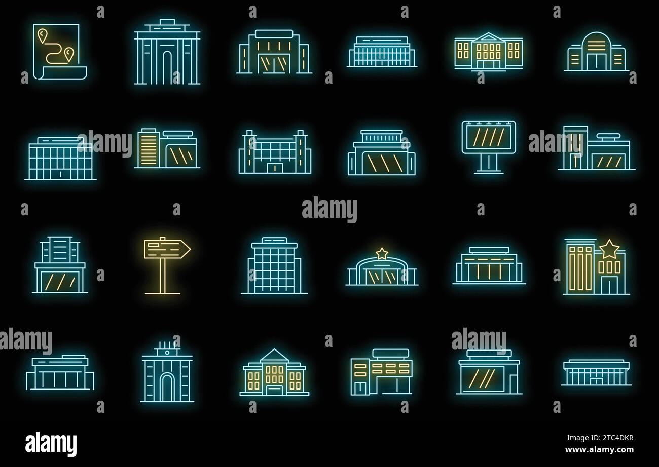Ensemble d'icônes du centre d'exposition. Ensemble de contours du centre d'exposition, icônes vectorielles, couleur néon sur noir Illustration de Vecteur