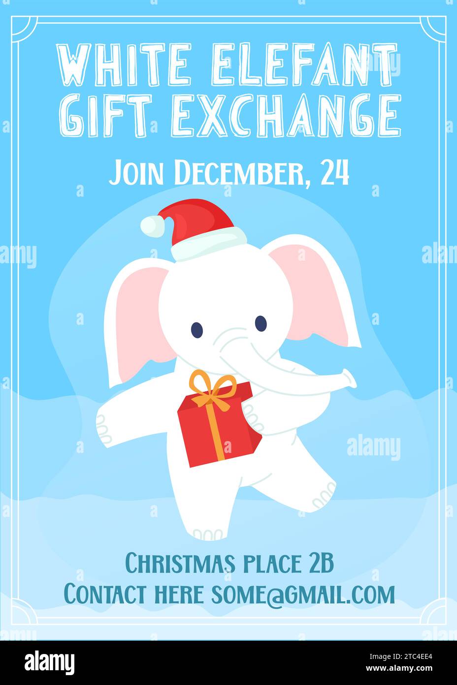 Cadeau d'éléphant blanc échange invitation de fête de jeu de Noël. Illustration de Vecteur