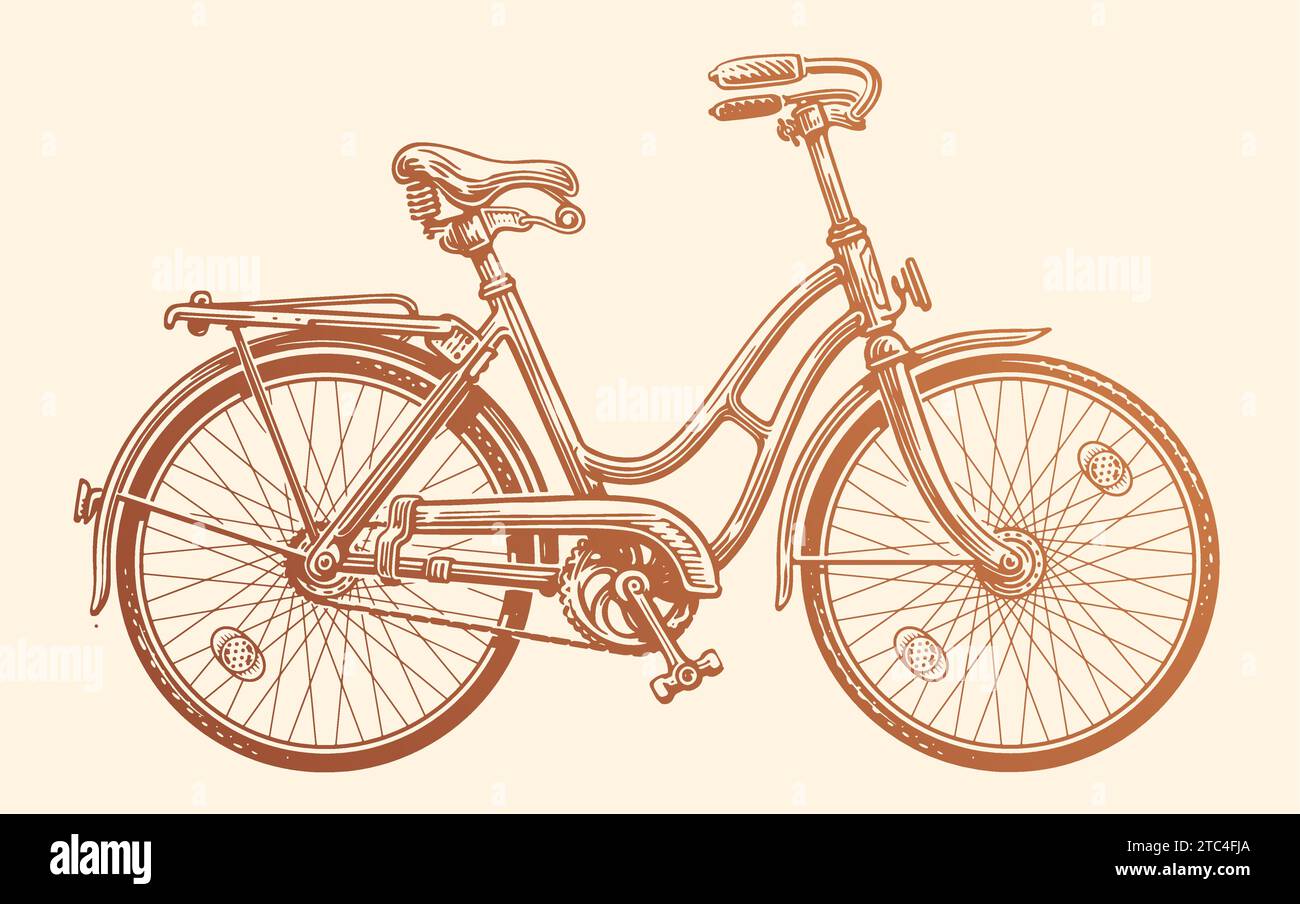 Vélo rétro pour femme dans le style de la gravure vintage. Transport dessiné à la main, illustration vectorielle Illustration de Vecteur