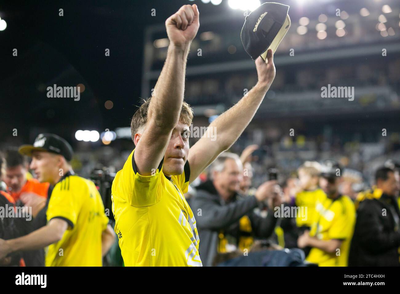 Columbus, Ohio, États-Unis. 9 décembre 2023. Le milieu de terrain de Columbus Crew Aidan Morris (8). Columbus Crew remporte sa troisième coupe MLS, battant les champions en titre du LAFC 2-1. (Kindell Buchanan/Alamy Live News) Banque D'Images