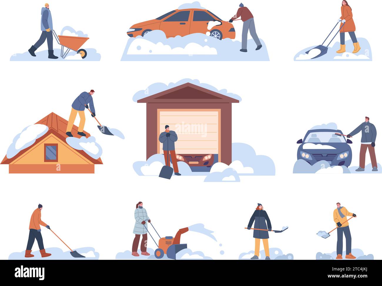 Les gens nettoient la neige. Les hommes et les femmes nettoient les voitures, les toits et la rue avec des pelles. Temps de neige dans la ville et la banlieue, activités saisonnières scènes vectorielles kicky Illustration de Vecteur