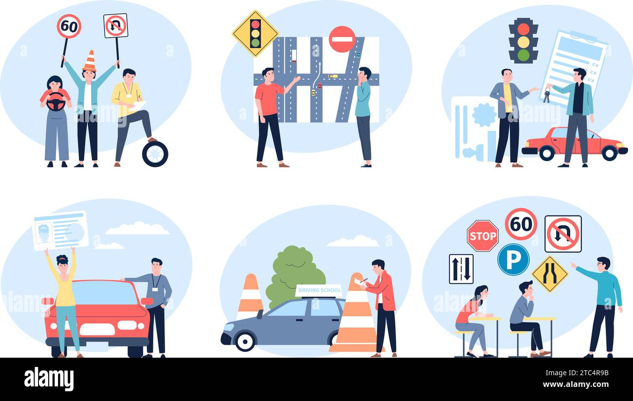 Cours d'auto-école. Éducation des conducteurs, préparer l'examen et donner le permis. Les gens apprennent les règles de sécurité routière, vecteur abstrait plat récent Illustration de Vecteur