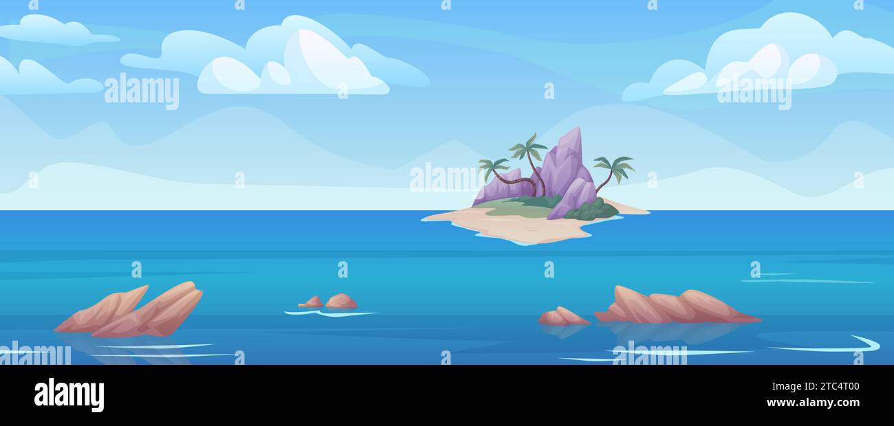 Île de dessin animé bord de mer dans l'océan. Îles bord de mer dessin panorama paysage horizontal avec ciel de nuages, illustration vectorielle de fond tropical de bord de mer touristique des caraïbes de fond de paysage Illustration de Vecteur