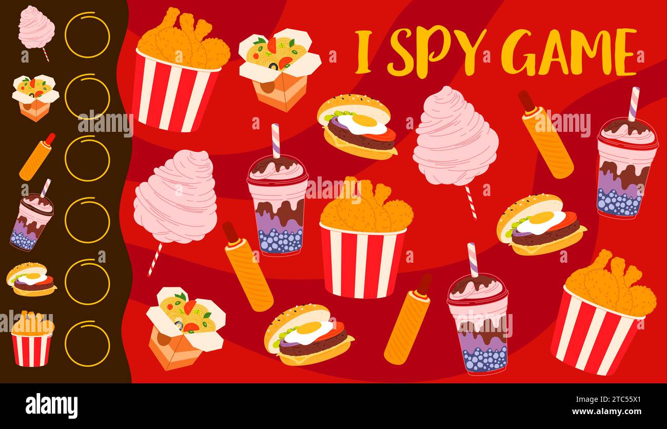 J'espionne le jeu avec de la restauration rapide, des desserts et des boissons. Trouvez et comptez la feuille de calcul vectorielle de quiz de puzzle de repas indésirable. Hamburger aux œufs de dessin animé, cuisses de poulet, chien de maïs, nouilles wok, cocktail et jeu d'association de barbe à papa Illustration de Vecteur
