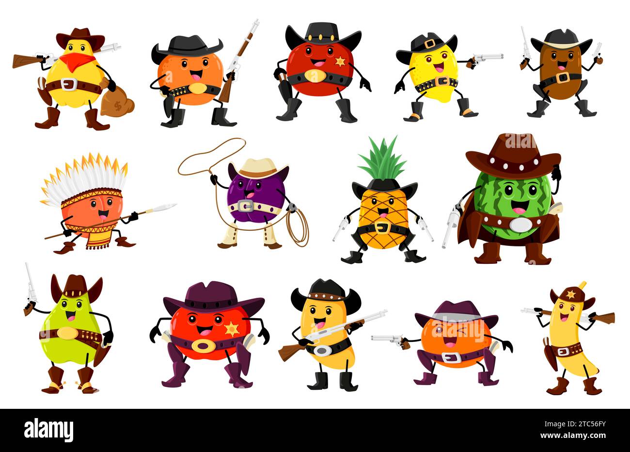 Cow-boy de fruit de dessin animé, shérif, personnages de bandit de ranger. Vecteur banane, prune et citron, mandarine et kiwi. Ananas, poire, mangue et abricot, pastèque, coings, pommes et oranges Illustration de Vecteur