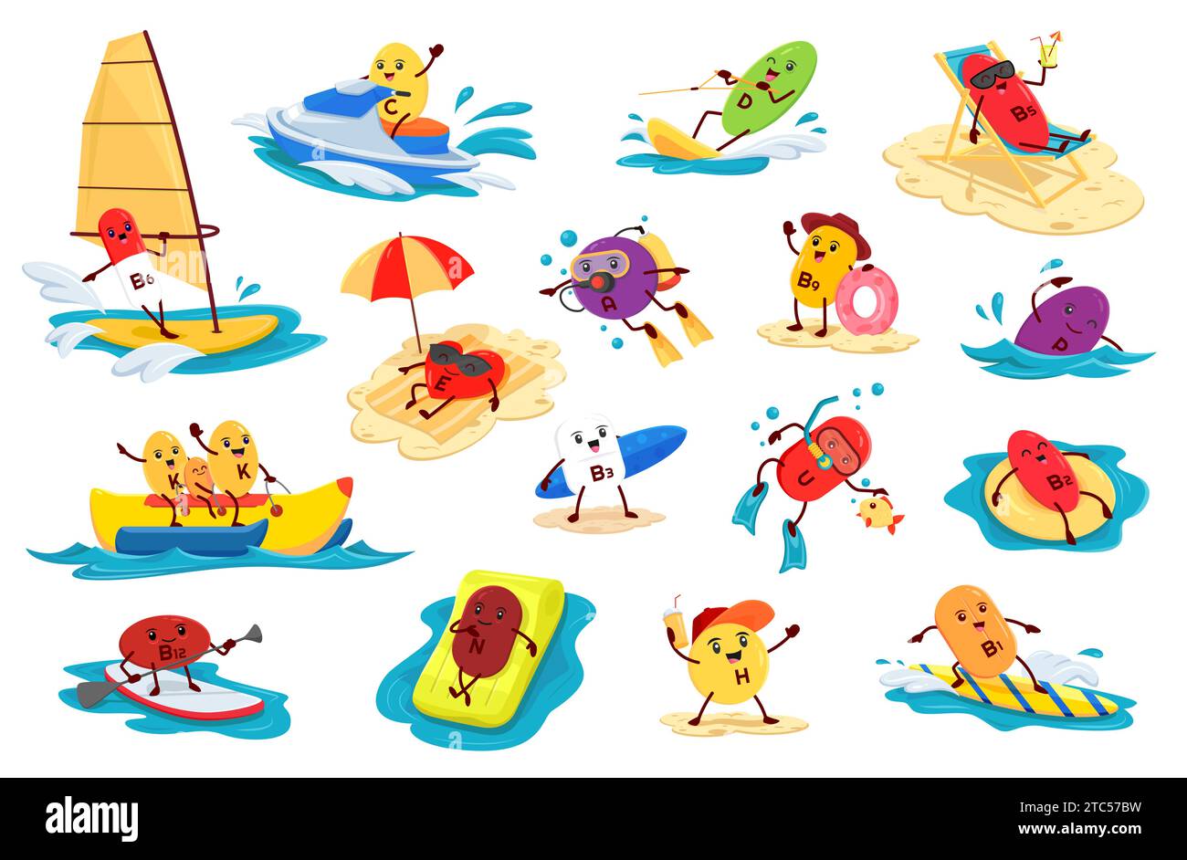 Personnages de vitamine de dessin animé sur les vacances de plage d'été, amusement de vacances de vecteur. Pilules de vitamines drôles sur la planche de surf de mer ou SUP paddleboard, nager dans l'océan ou faire de la plongée en apnée ou monter un bateau banane à la plage Illustration de Vecteur