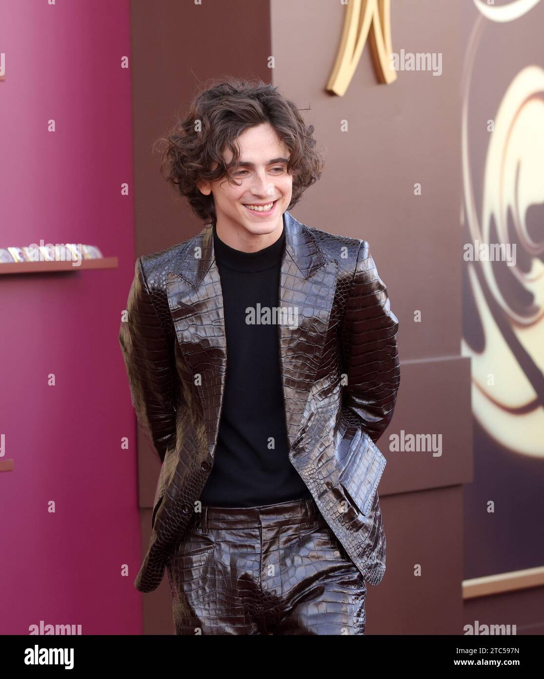 Los Angeles, Californie, États-Unis. 10 décembre 2023. Timothée Chalamet, membre de la distribution, assiste à la première de la comédie musicale « Wonka » au Village Theatre dans la section Westwood de Los Angeles le dimanche 10 décembre 2023. Scénario : rêvant d’ouvrir une boutique dans une ville réputée pour son chocolat, le jeune et pauvre Willy Wonka découvre que l’industrie est dirigée par un cartel de chocolatiers gourmands. Photo de Greg Grudt/UPI crédit : UPI/Alamy Live News Banque D'Images