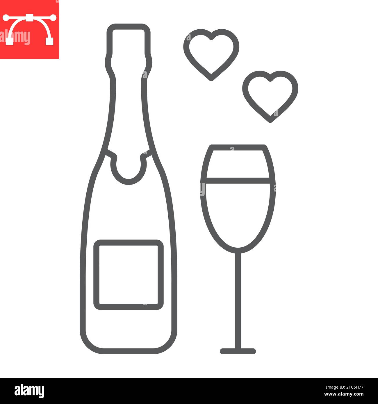 Bouteille de champagne avec icône de ligne de verre, Saint Valentin jour et boisson, icône vectorielle de champagne, graphiques vectoriels, signe de contour de trait modifiable, eps 10. Illustration de Vecteur