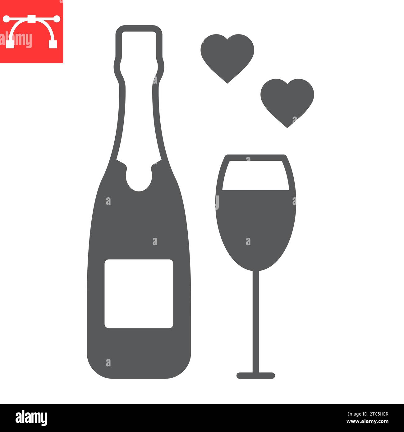 Bouteille de champagne avec icône de glyphe en verre, Saint Valentin et boisson, icône vectorielle de champagne, graphiques vectoriels, signe solide de trait modifiable, eps 10. Illustration de Vecteur