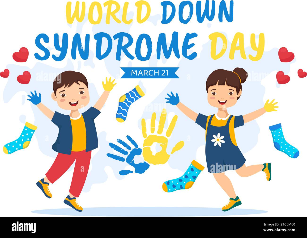 Illustration vectorielle de la Journée mondiale du syndrome de Down le 21 mars avec ruban bleu et jaune, carte de la Terre, chaussettes non appariées et enfants en fond de dessin animé plat Illustration de Vecteur