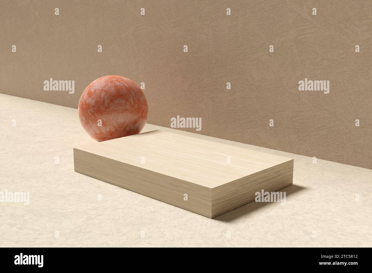 Support rectangulaire beige minimaliste avec sphère en marbre. Maquette de podium ou de plate-forme pour l'affichage du produit. Vitrine pour la publicité et les cosmétiques. 3D rend Banque D'Images