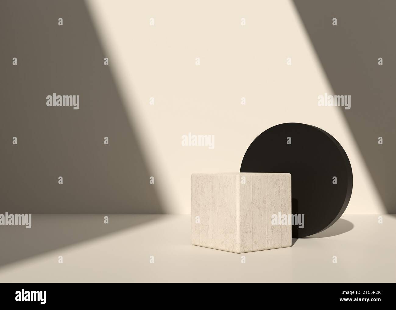 Support en béton naturel ou en pierre en forme de cube avec podium cylindrique noir et mur beige et fond ombragé. Maquette podium ou plate-forme pour le produit Banque D'Images
