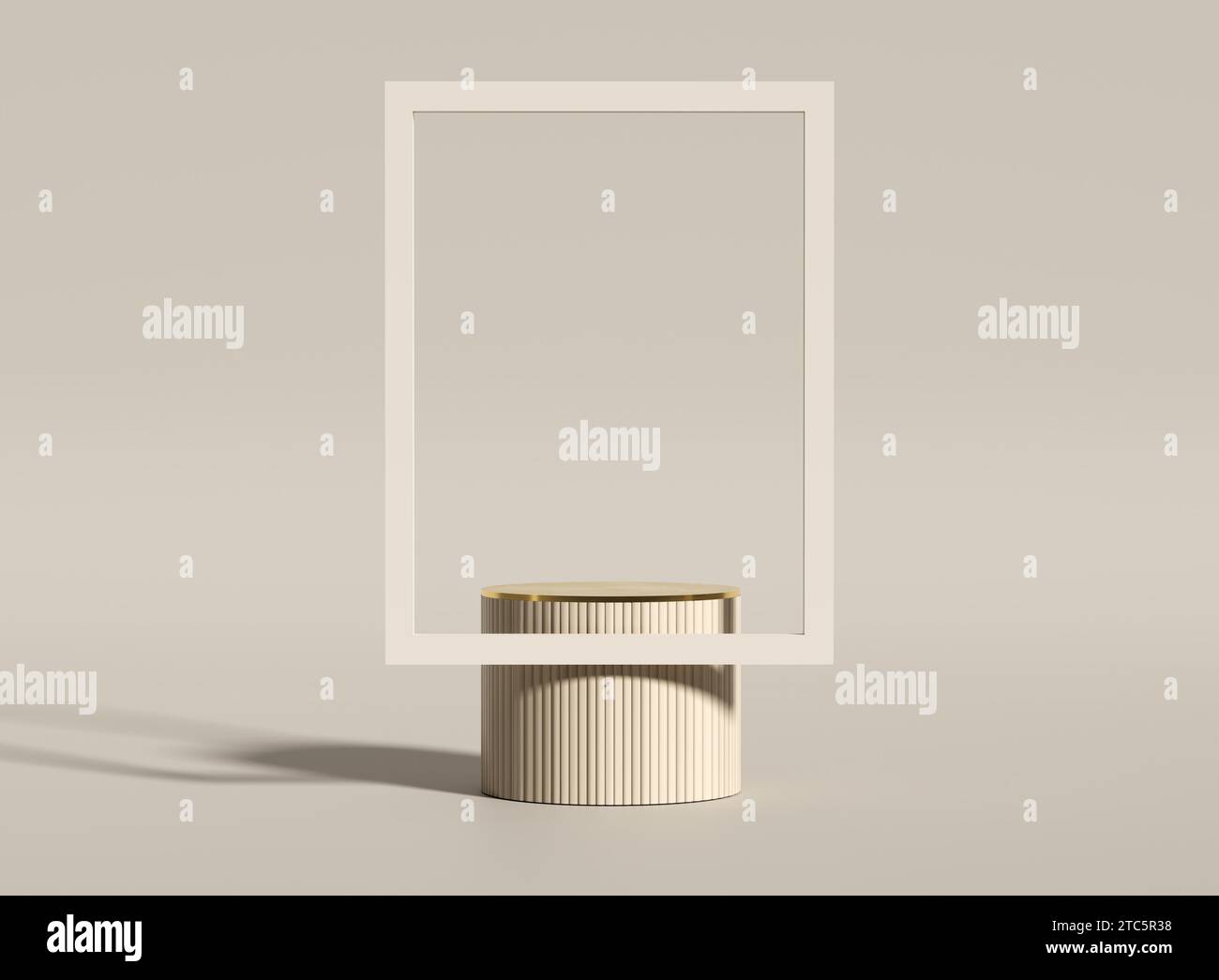 Support cylindrique beige minimaliste avec texture terrazzo et cadre photo. Maquette de podium ou de plate-forme pour l'affichage du produit. Vitrine publicitaire Banque D'Images