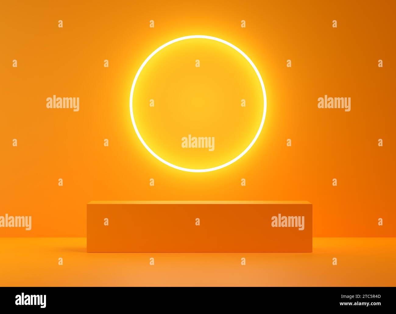 Podium rectangulaire de couleur jaune orange ou plate-forme pour l'affichage du produit avec fond lumineux de néon de cercle. Rendu 3D. Banque D'Images