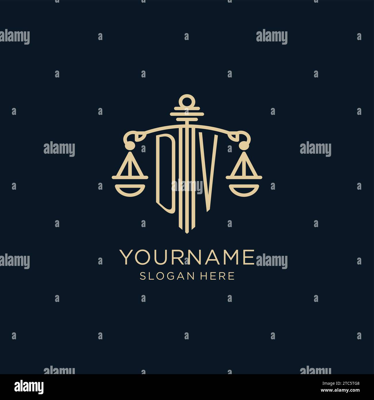 Logo DV initial avec bouclier et échelles de justice, luxe et graphique vectoriel de conception de logo de cabinet d'avocats moderne Illustration de Vecteur