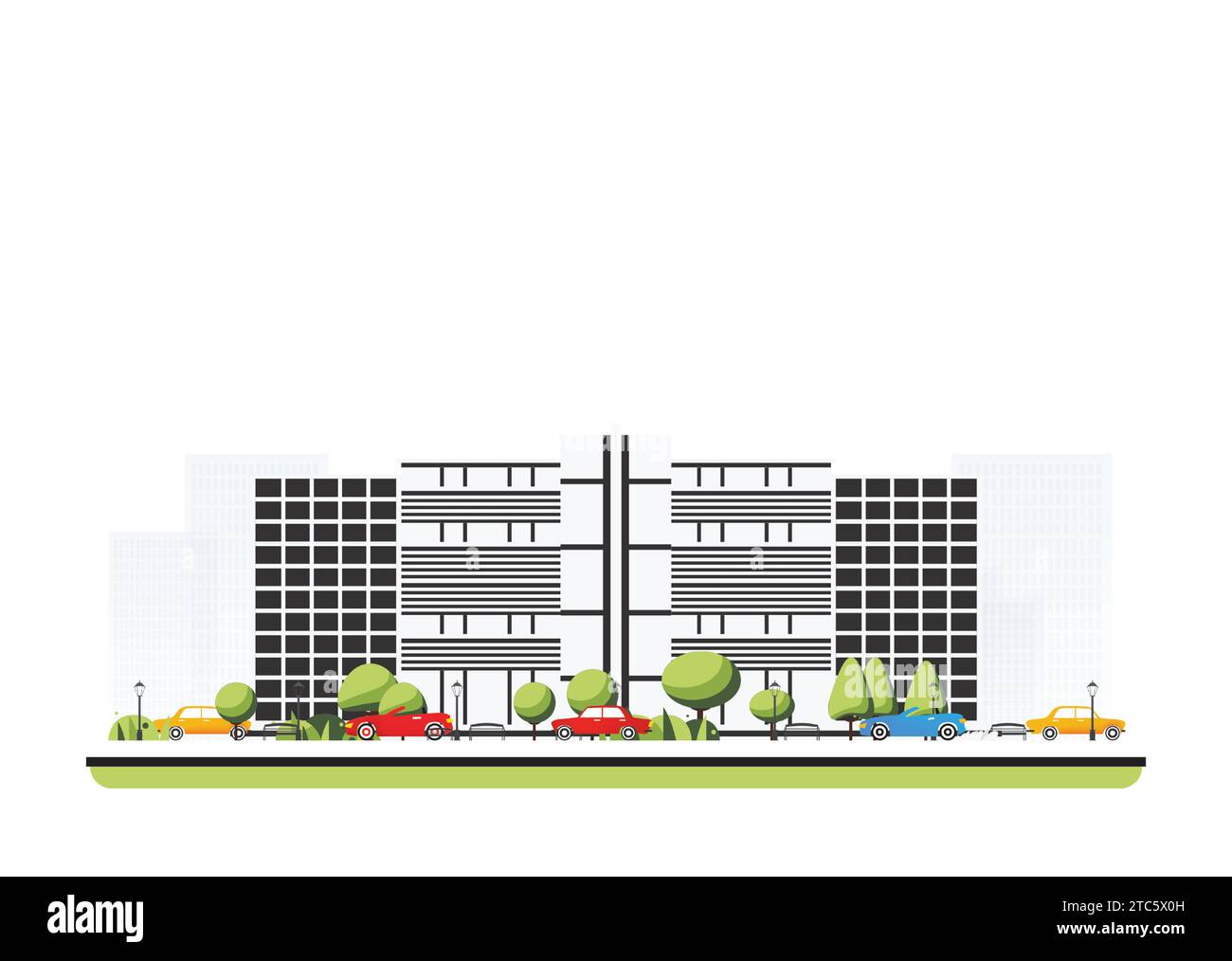 Bâtiment de l'hôtel de ville dans un style plat avec des arbres et des voitures. Illustration vectorielle. Scène de ville isolée sur fond blanc. Architecture urbaine. Illustration de Vecteur
