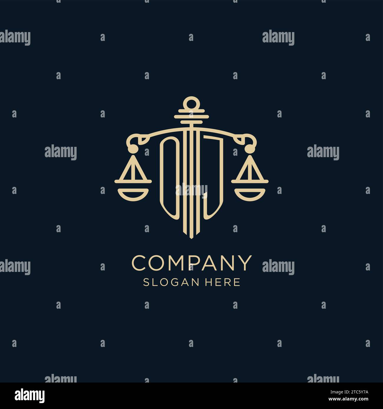 Logo initial OJ avec bouclier et échelles de justice, luxe et design graphique vectoriel de logo de cabinet d'avocats moderne Illustration de Vecteur