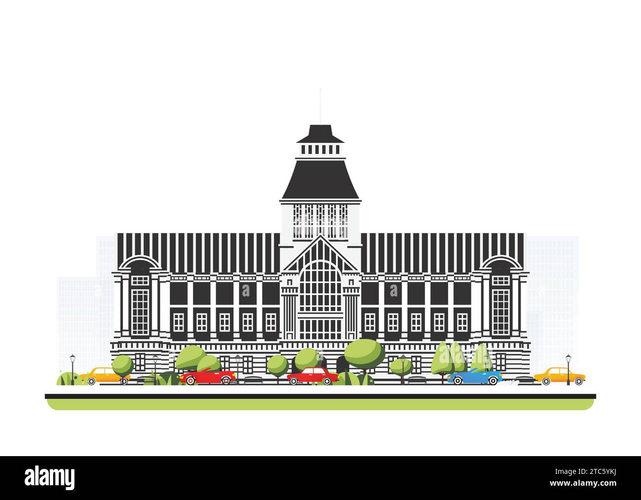 Bâtiment de l'hôtel de ville dans un style plat avec des arbres et des voitures. Illustration vectorielle. Scène de ville isolée sur fond blanc. Architecture urbaine. Illustration de Vecteur