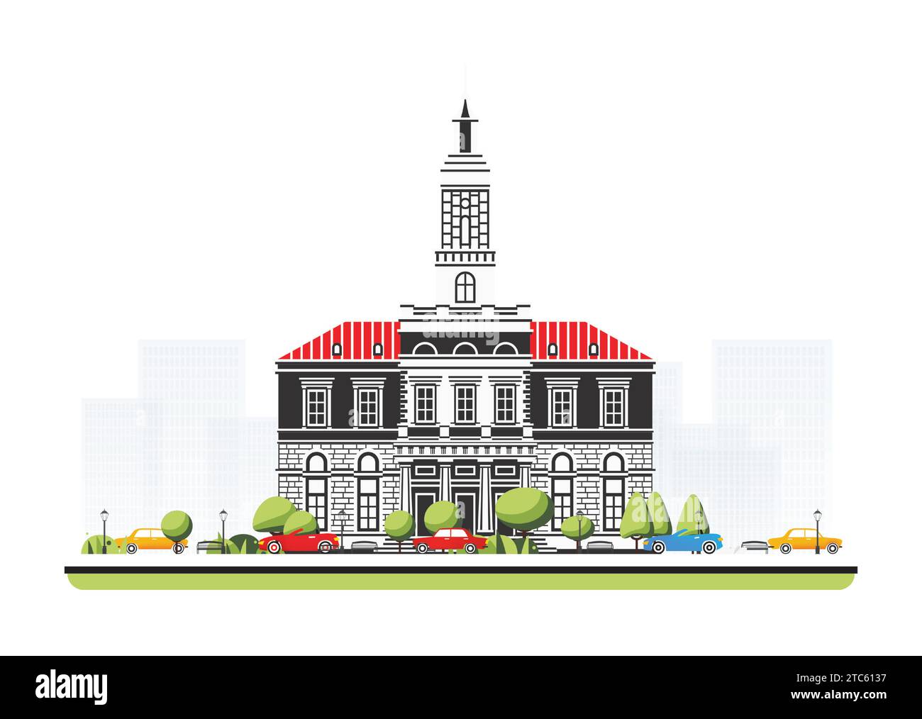 Bâtiment de l'hôtel de ville dans un style plat avec des arbres et des voitures. Illustration vectorielle. Scène de ville isolée sur fond blanc. Architecture urbaine. Illustration de Vecteur