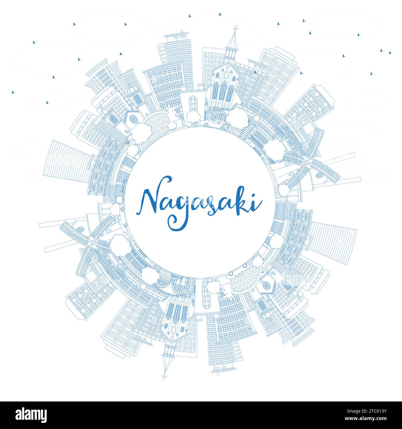 Contour Nagasaki Japan City Skyline avec des bâtiments bleus et Copy Space. Illustration vectorielle. Paysage urbain de Nagasaki avec des monuments. Voyages d'affaires et à destination Illustration de Vecteur