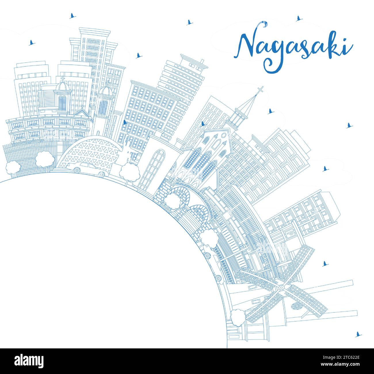 Outline Nagasaki Japan City Skyline avec Blue Buildings et Copy Space. Illustration vectorielle. Paysage urbain de Nagasaki avec des monuments. Illustration de Vecteur