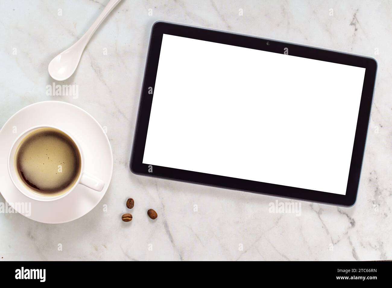 Maquette avec tablette et tasse à café. Concept pause café pendant le travail Banque D'Images