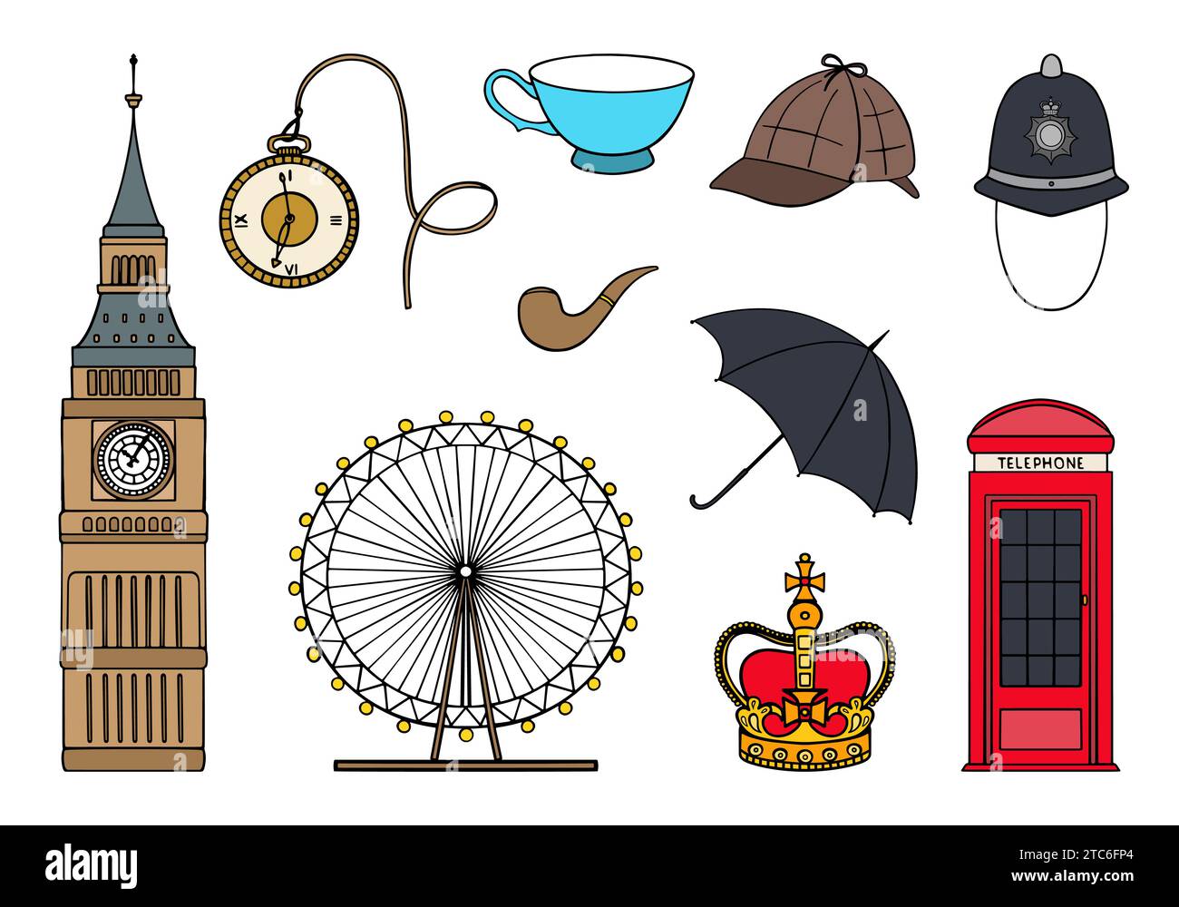 Un ensemble de symboles de l'Angleterre, éléments vectoriels de voyage, tourisme. Symboles de Londres. jeu d'icônes uk de couleur vectorielle Illustration de Vecteur