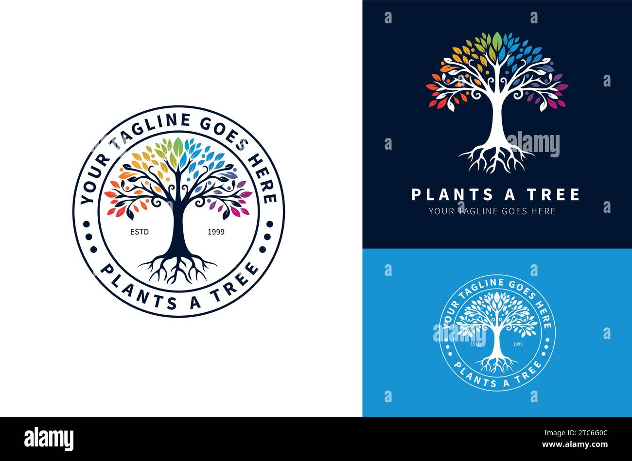 Silhouette de racine de chêne classique avec des feuilles de couleur vive. Design de logo de timbre d'étiquette de paysage résidentiel avec fond blanc foncé Illustration de Vecteur