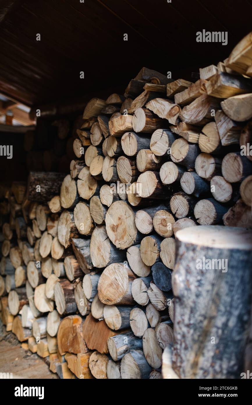 Pile de bois empilée dans une cabane à Stanley, Idaho Banque D'Images