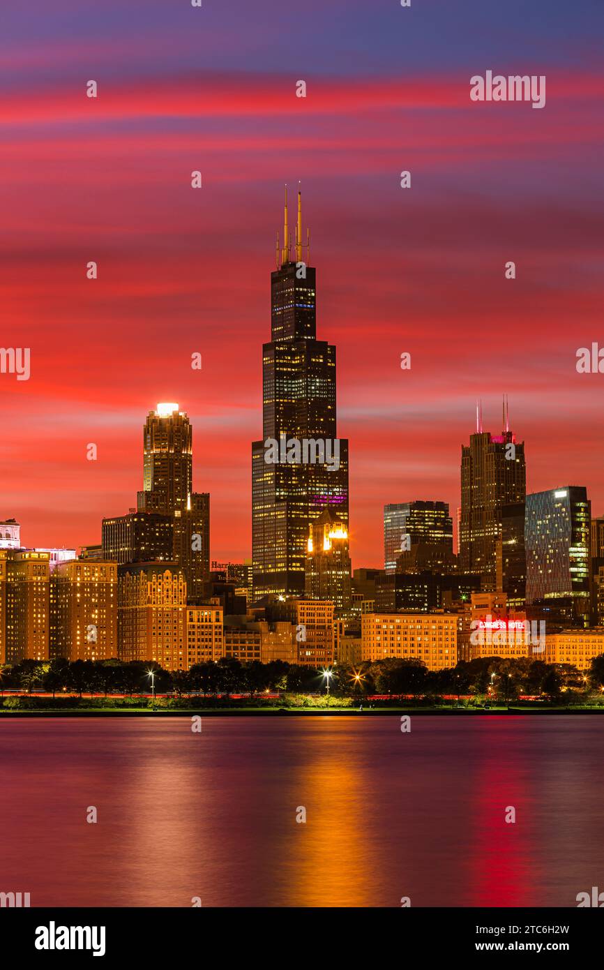 Willis Tower Chicago Aerial Skyline Cityscape à Sunset Photography Banque D'Images