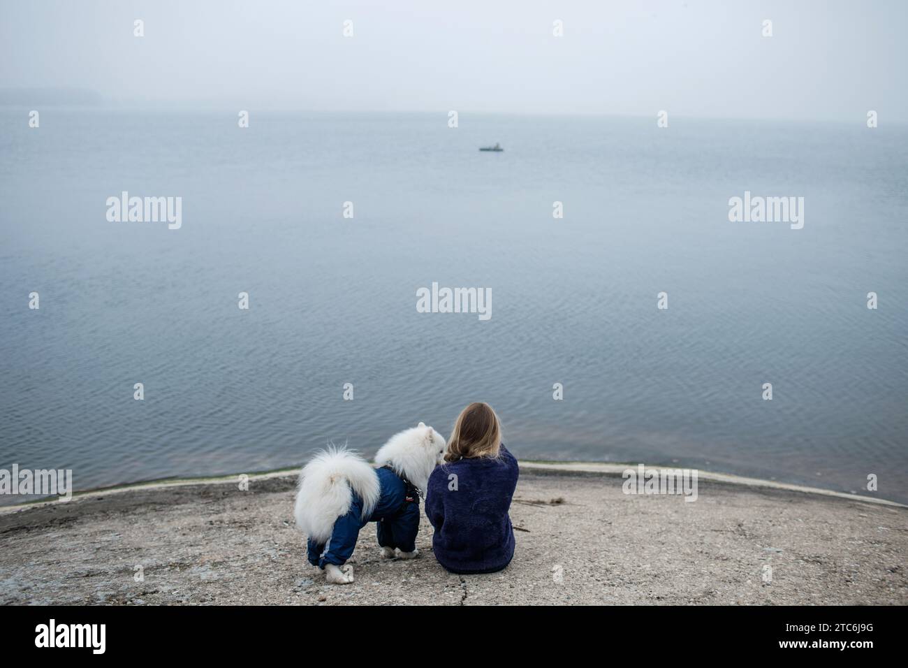 Fille marche avec un chien blanc moelleux Samoyed dans la nature Banque D'Images