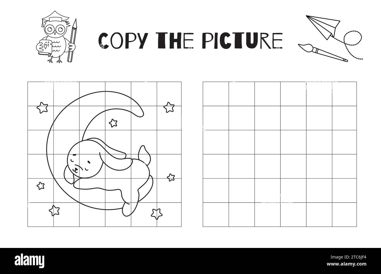 Dessinez le lièvre dormant sur la Lune dans cette feuille de travail de pratique de dessin vectoriel, Une activité imprimable en noir et blanc pour les enfants à copier ou à compléter l'image sur la page de coloriage Illustration de Vecteur
