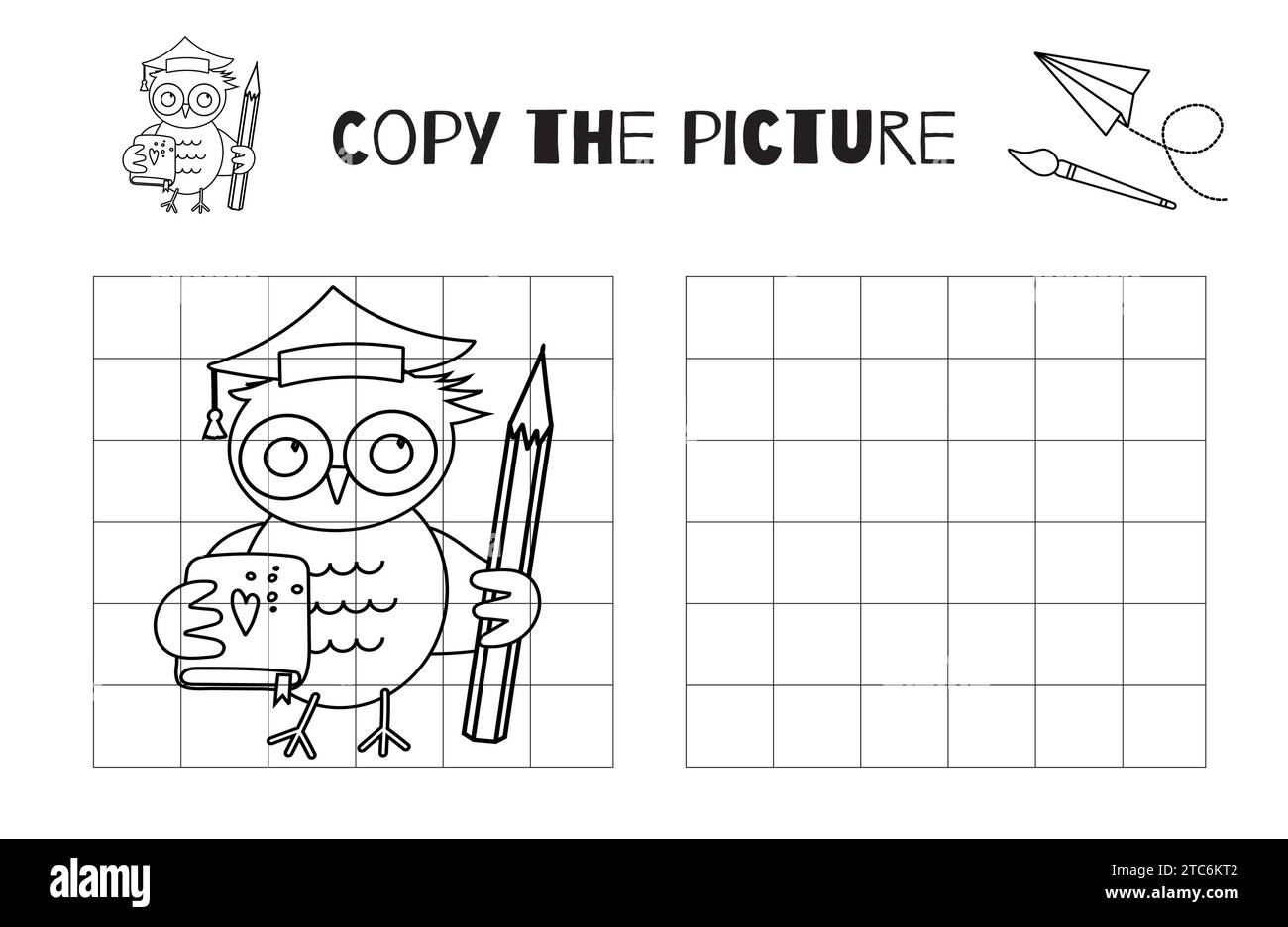 Dans cette activité imprimable en noir et blanc pour enfants, dessinez Un chouette intelligent avec Un livre et un crayon sur la feuille de travail de dessin vectoriel et complétez l'image sur la page de coloriage Illustration de Vecteur